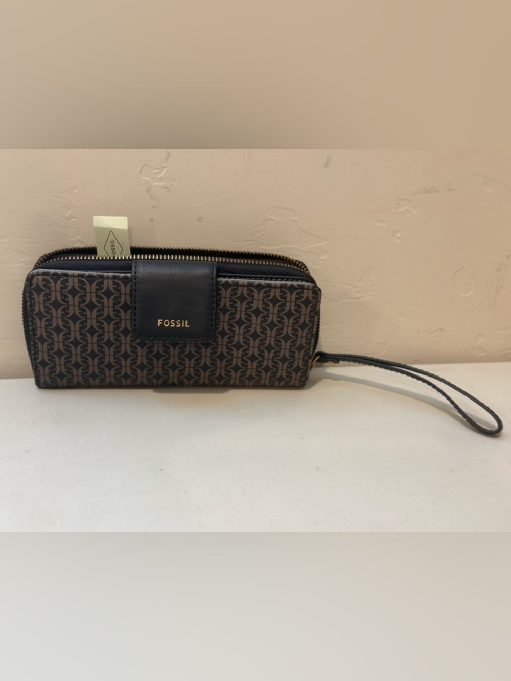 Fossil Madison Zip Clutch‎ Wallet Black Brown Signature Logo SWL2246015 Wristlet